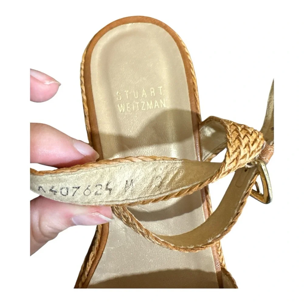 Stuart Weitzman Barbados Tan Woven Wicker Chunky Wedge Sandals - Picture 7 of 7
